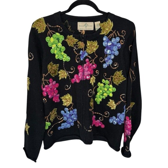 Vintage Design Options Grape Zip Up Cardigan Size Medium Embroidered Knit Sequin - Picture 1 of 6
